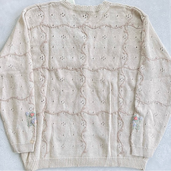 NWT Vintage Northern Reflections Tan Knit Embroidered Pastel Flowers Cardigan L - Picture 6 of 6